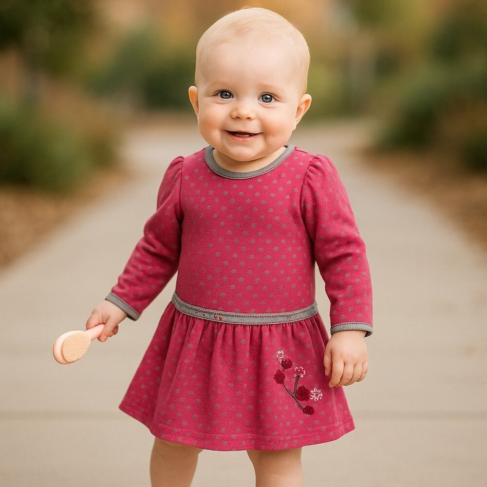 Petit Lem Girls Dress Size 18 Months Pink Tan Velour Polka Dot Drop Waist
